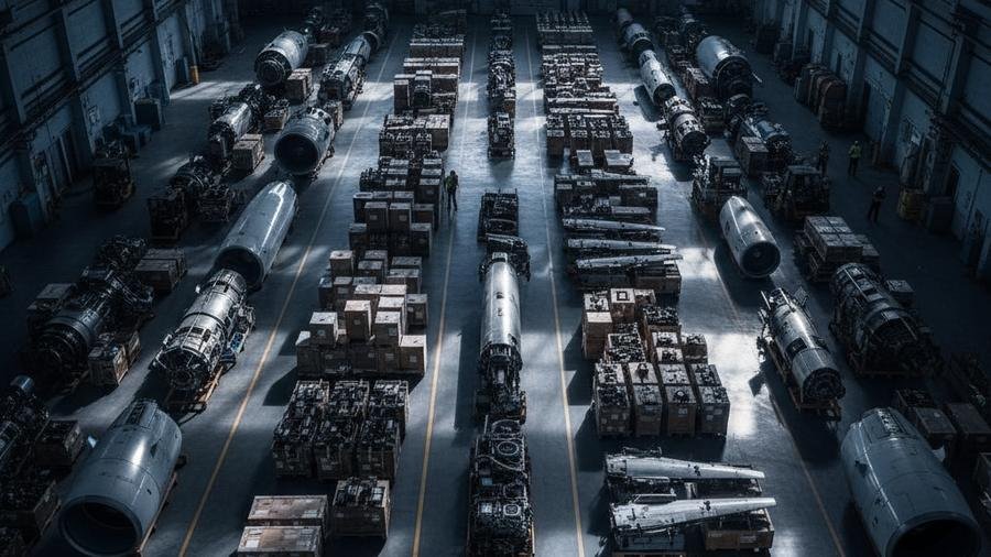 Aircraft components, rotables and spares held in a storage facility.